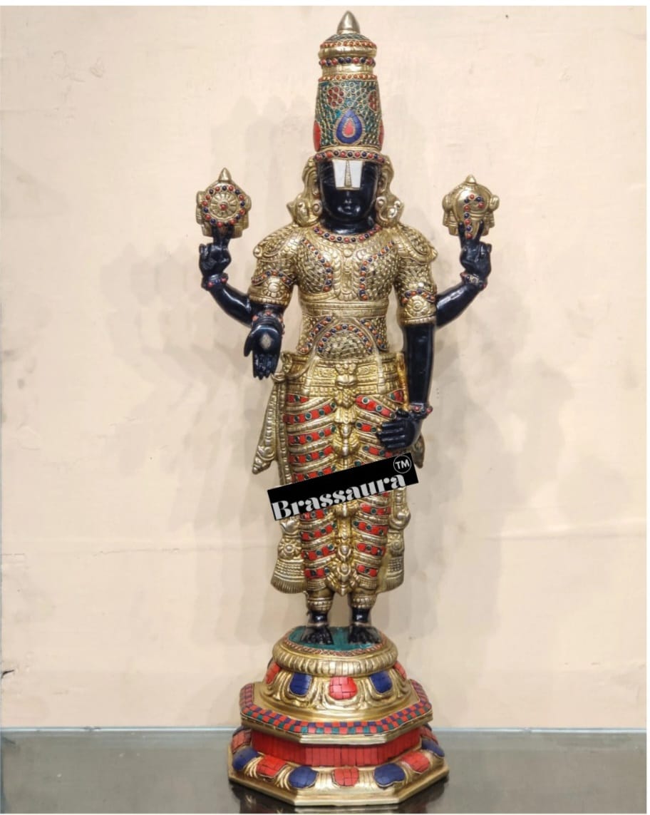 Handcrafted Brass Tirupati Balaji with Garuda – Height 33.5 Inches (22 Kgs) & 22 Inches (10 Kgs) | Black & Golden Finish