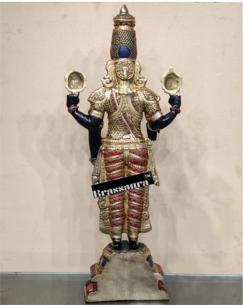 Handcrafted Brass Tirupati Balaji with Garuda – Height 33.5 Inches (22 Kgs) & 22 Inches (10 Kgs) | Black & Golden Finish