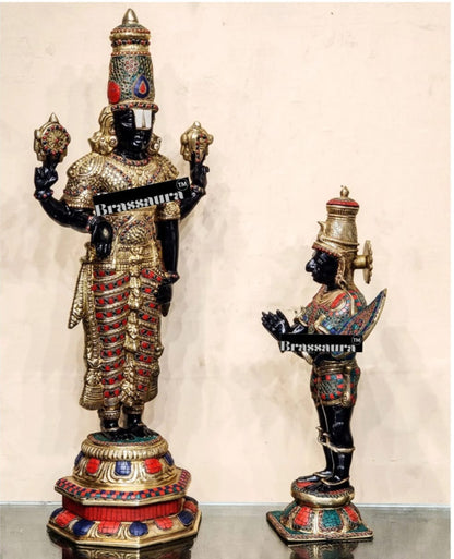Handcrafted Brass Tirupati Balaji with Garuda – Height 33.5 Inches (22 Kgs) & 22 Inches (10 Kgs) | Black & Golden Finish