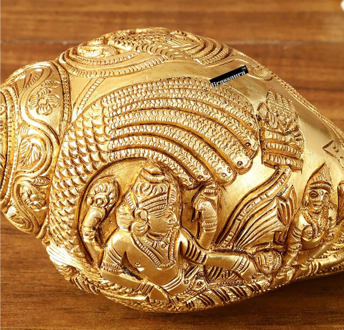 Brassaura™ Pure Brass Lakshmi Narayana Resting on Sheshanaga Shankh – Height 3.5 Inches & Weight 1.5 Kgs