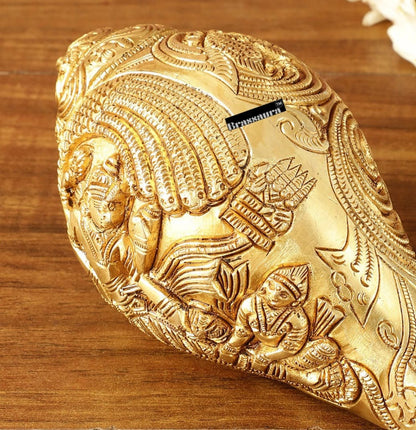 Brassaura™ Pure Brass Lakshmi Narayana Resting on Sheshanaga Shankh – Height 3.5 Inches & Weight 1.5 Kgs