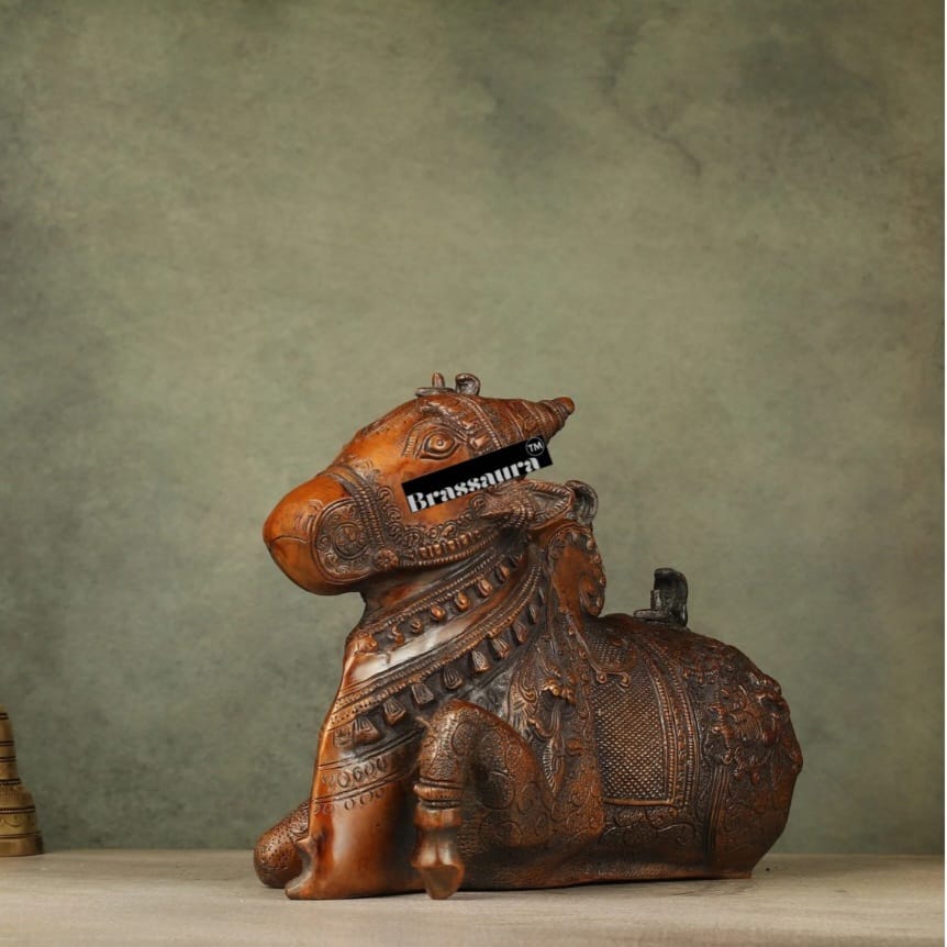 Brassaura™ Pure Brass Nandi Statue – Height 8 Inches & Weight 5.5 Kgs | Handcrafted Devotional Sculpture