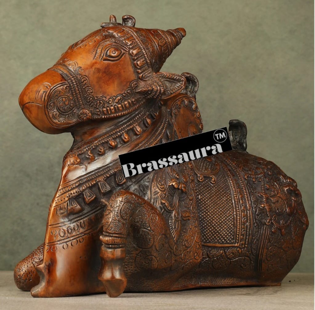 Brassaura™ Pure Brass Nandi Statue – Height 8 Inches & Weight 5.5 Kgs | Handcrafted Devotional Sculpture
