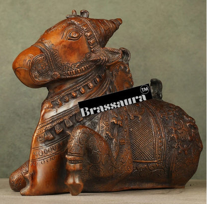 Brassaura™ Pure Brass Nandi Statue – Height 8 Inches & Weight 5.5 Kgs | Handcrafted Devotional Sculpture