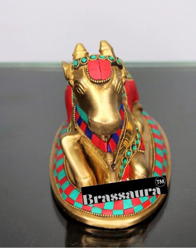 Brassaura™ Brass Nandi Statue with Colorful Natural Stones – Height 6 Inches & Weight 1.8 Kgs | Traditional Temple Idol