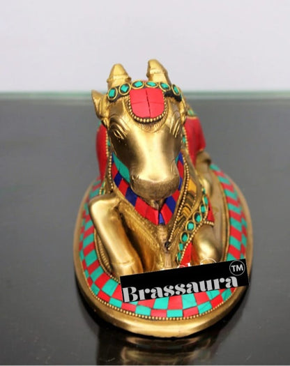 Brassaura™ Brass Nandi Statue with Colorful Natural Stones – Height 6 Inches & Weight 1.8 Kgs | Traditional Temple Idol