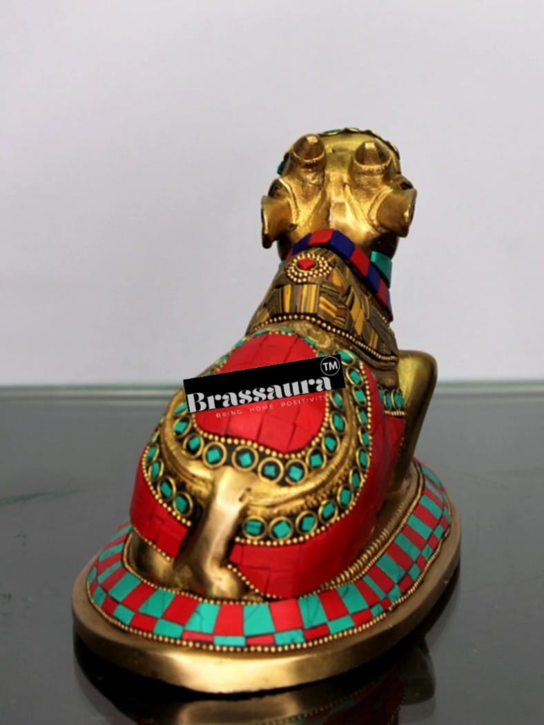 Brassaura™ Brass Nandi Statue with Colorful Natural Stones – Height 6 Inches & Weight 1.8 Kgs | Traditional Temple Idol