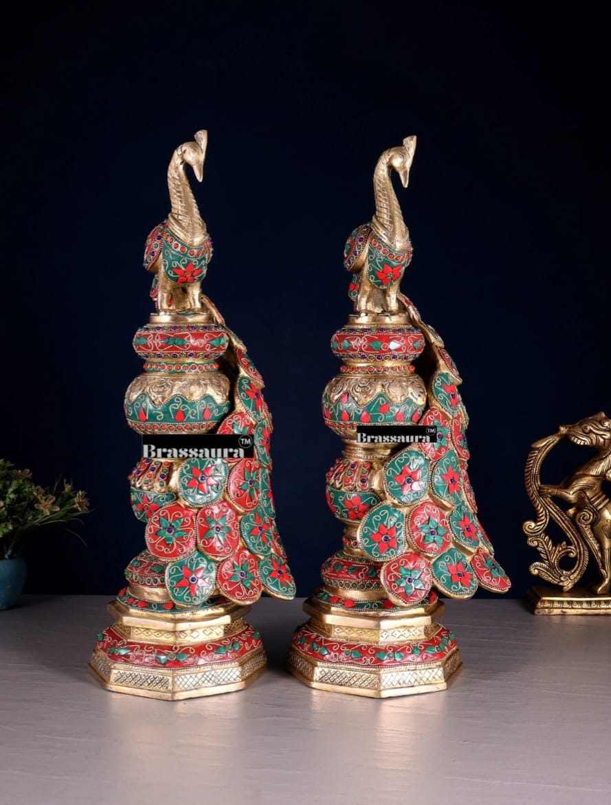 Brassaura™ Brass Peacock Pair with Floral Meenakari Detailing – Height 20 Inches & Weight 17 Kgs (Pair