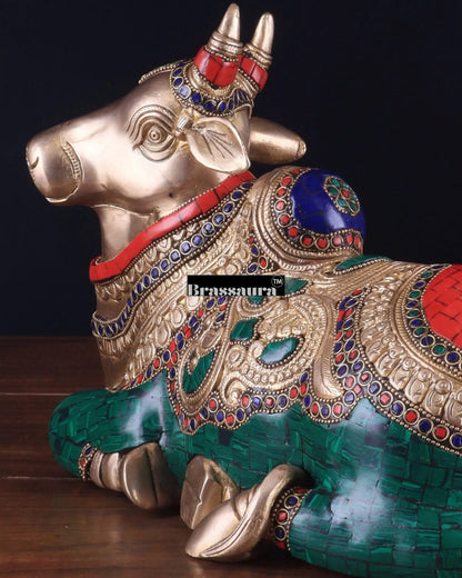 Brassaura™ Superfine Brass Sitting Nandi Statue with Stonework – Height 10" & Weight 10 Kgs | Home & Temple Décor