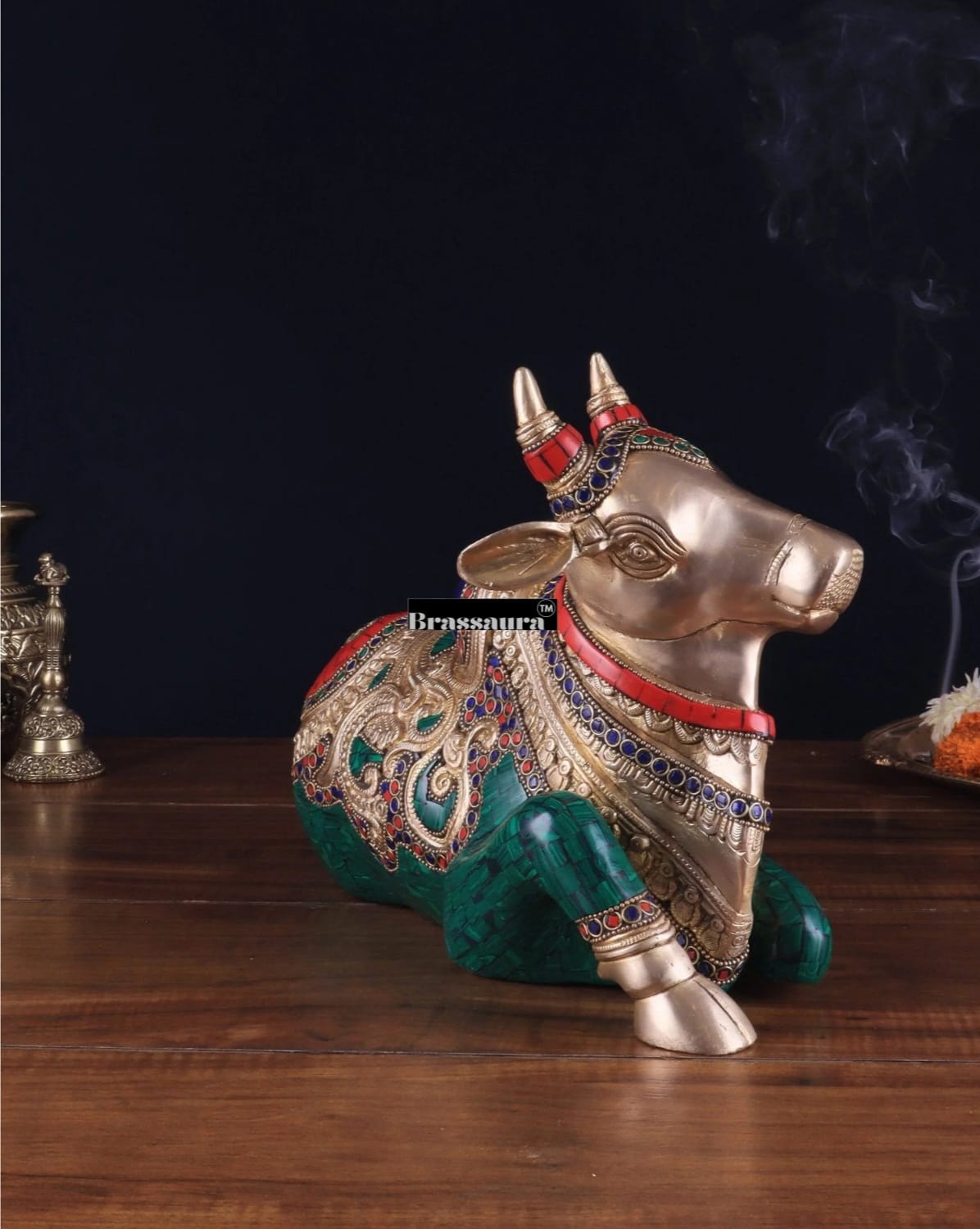 Brassaura™ Superfine Brass Sitting Nandi Statue with Stonework – Height 10" & Weight 10 Kgs | Home & Temple Décor