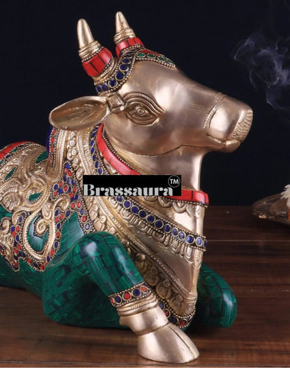 Brassaura™ Superfine Brass Sitting Nandi Statue with Stonework – Height 10" & Weight 10 Kgs | Home & Temple Décor