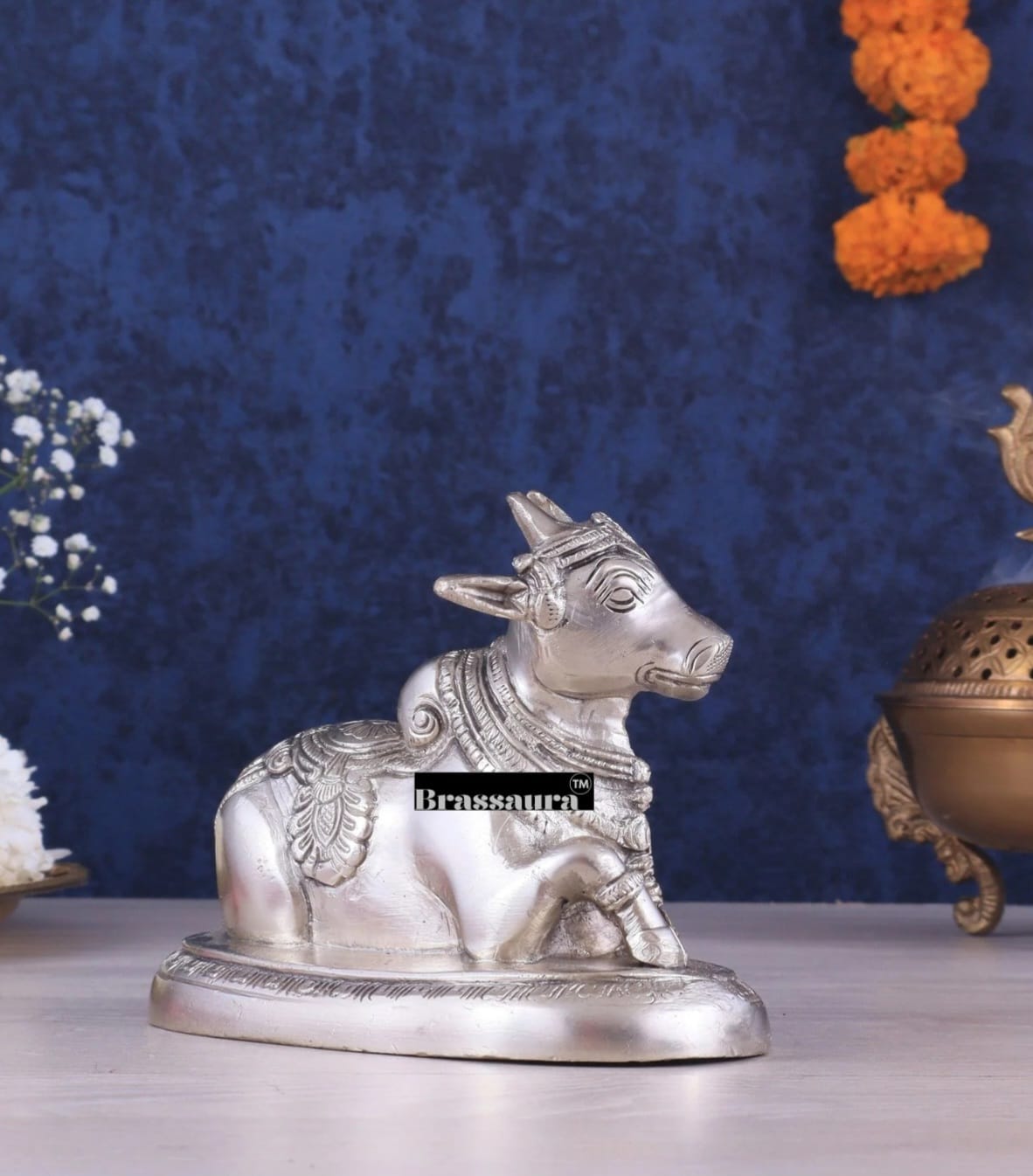 Brassaura™ Brass Superfine Nandi Bull Idol – Height 4.5" & Weight 1.5 Kgs | Sacred Home & Temple Décor