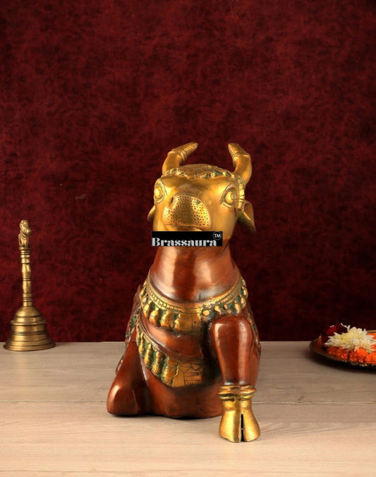 Brassaura™ Large Brass Superfine Nandi Sculpture – Vintage Dual Tone | Height 14", Weight 15 Kgs