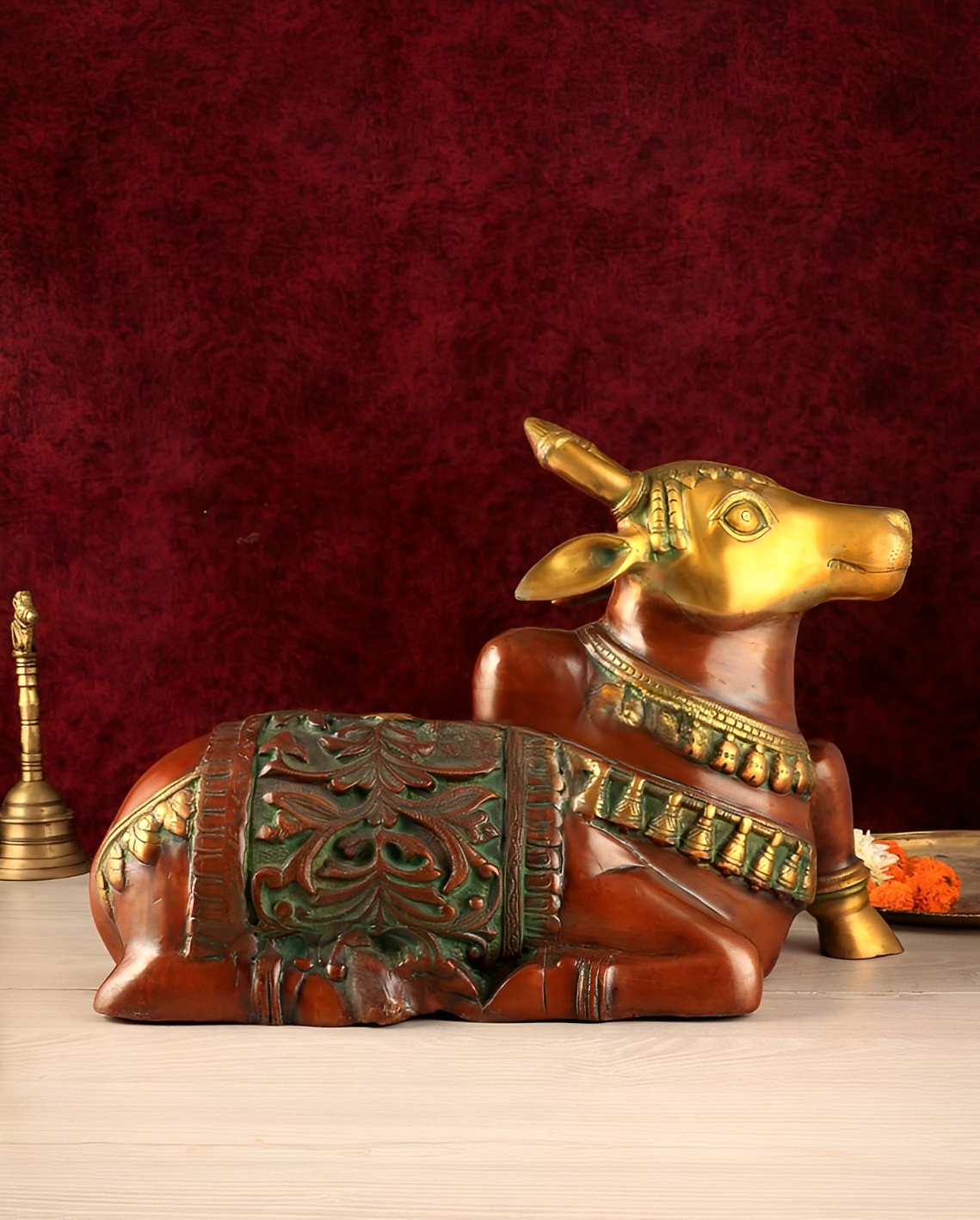 Brassaura™ Large Brass Superfine Nandi Sculpture – Vintage Dual Tone | Height 14", Weight 15 Kgs