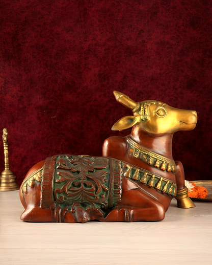 Brassaura™ Large Brass Superfine Nandi Sculpture – Vintage Dual Tone | Height 14", Weight 15 Kgs