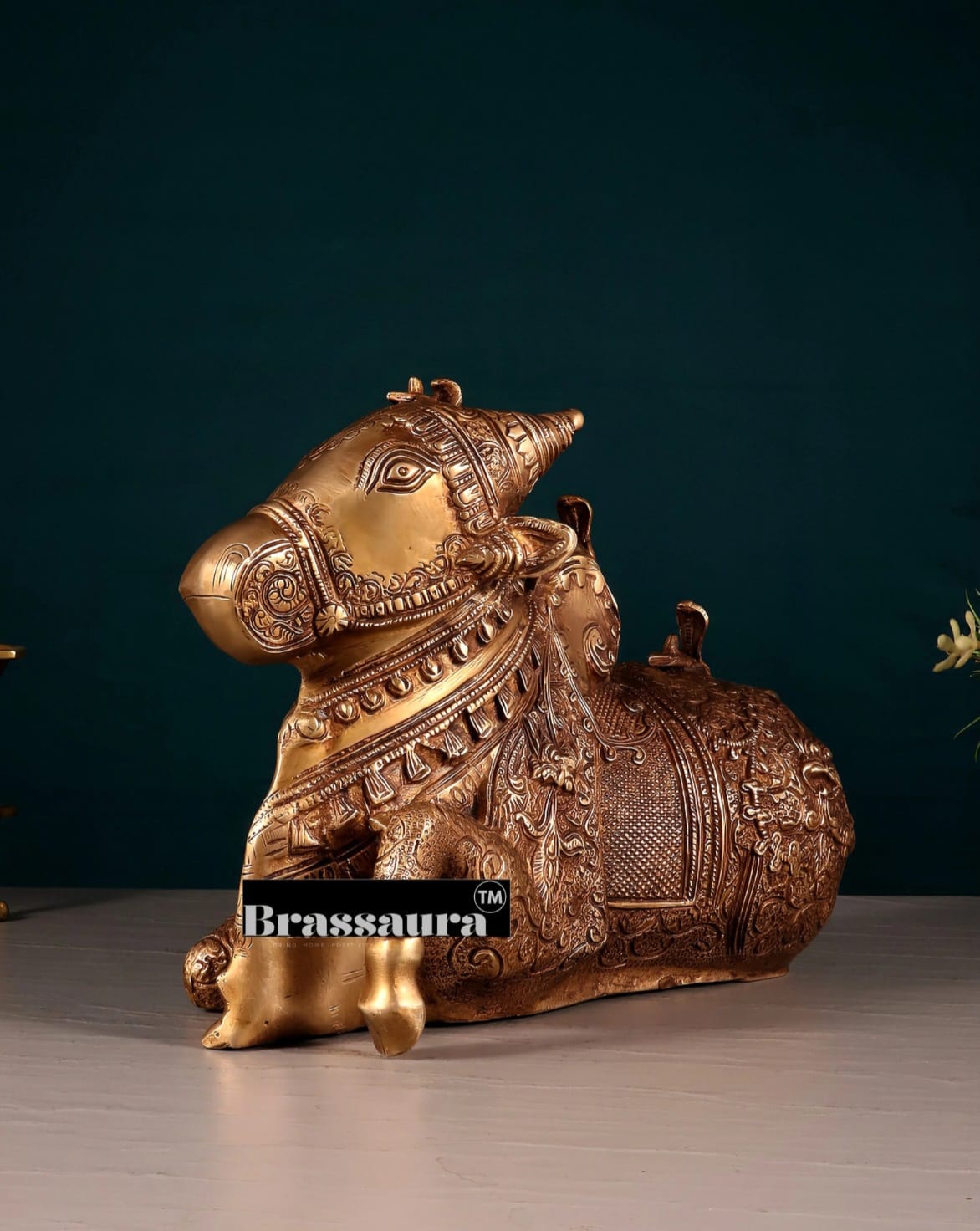 Brassaura™ Pure Brass Nandi Fully Carved Statue with Three Shivling – Height 8 Inches, Weight 5.5 Kgs | Matte Gold Finish Large Nandi