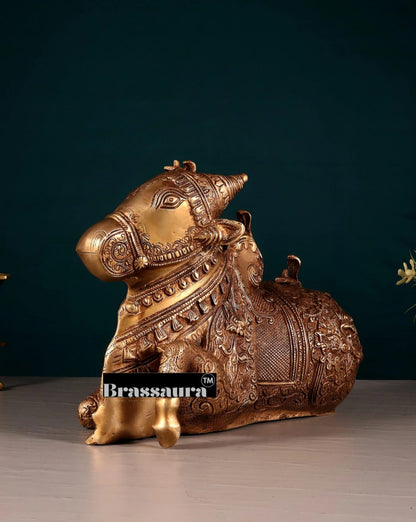 Brassaura™ Pure Brass Nandi Fully Carved Statue with Three Shivling – Height 8 Inches, Weight 5.5 Kgs | Matte Gold Finish Large Nandi