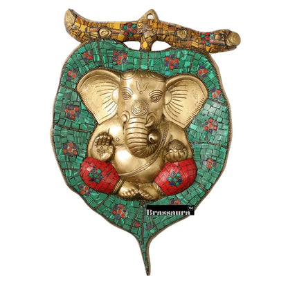 Brassaura™ Brass Ganesha on Leaf Wall Hanging – Height 13 Inches & Weight 3 Kgs