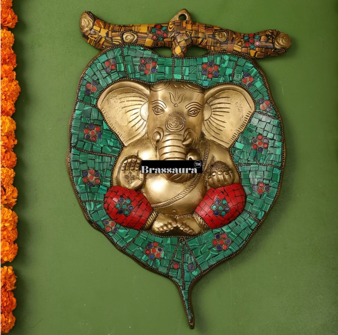 Brassaura™ Brass Ganesha on Leaf Wall Hanging – Height 13 Inches & Weight 3 Kgs