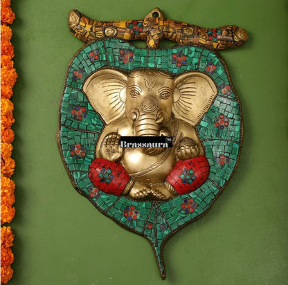 Brassaura™ Brass Ganesha on Leaf Wall Hanging – Height 13 Inches & Weight 3 Kgs