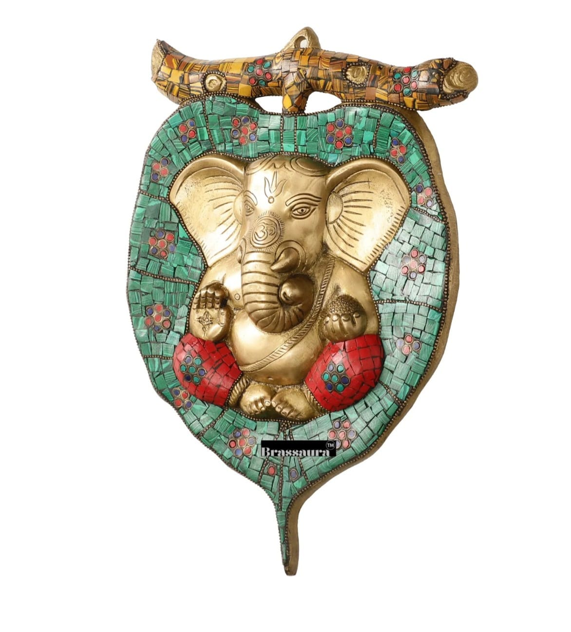 Brassaura™ Brass Ganesha on Leaf Wall Hanging – Height 13 Inches & Weight 3 Kgs