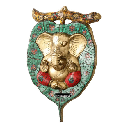 Brassaura™ Brass Ganesha on Leaf Wall Hanging – Height 13 Inches & Weight 3 Kgs