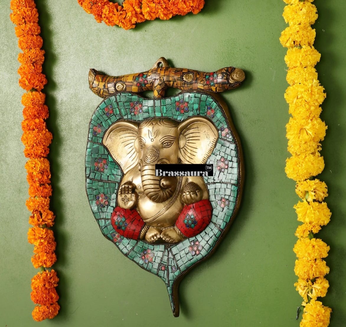 Brassaura™ Brass Ganesha on Leaf Wall Hanging – Height 13 Inches & Weight 3 Kgs