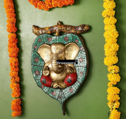 Brassaura™ Brass Ganesha on Leaf Wall Hanging – Height 13 Inches & Weight 3 Kgs