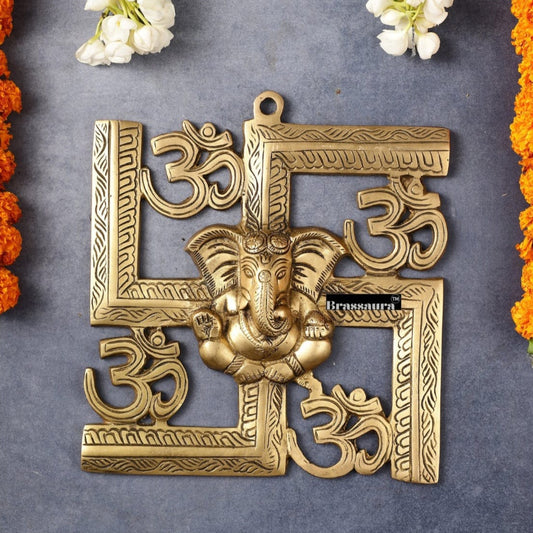 Brassaura® Brass Swastik Wall Hanging with Lord Ganesha – Height 8.5 Inches