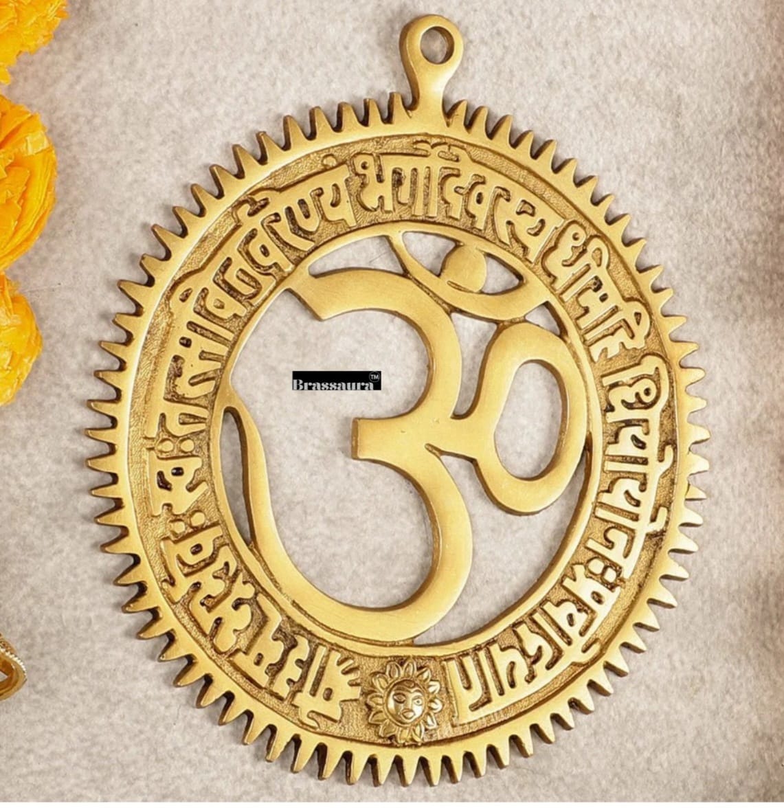 Brassaura™ Brass Om Symbol Wall Hanging with Gayatri Mantra – Height & Diameter 8 Inches & Weight 600 Gms