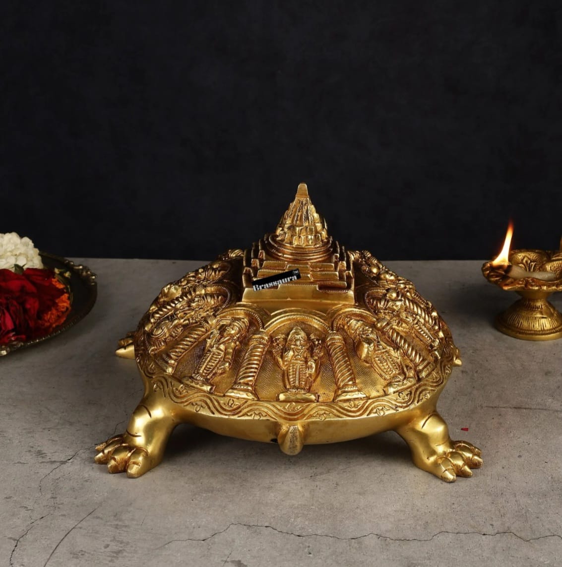 Brassaura™ Brass Dashavatara Vishnu Statue with Shree Yantra & Vastu Tortoise – Height 6" & Weight 6.5 Kgs | Gold Finish