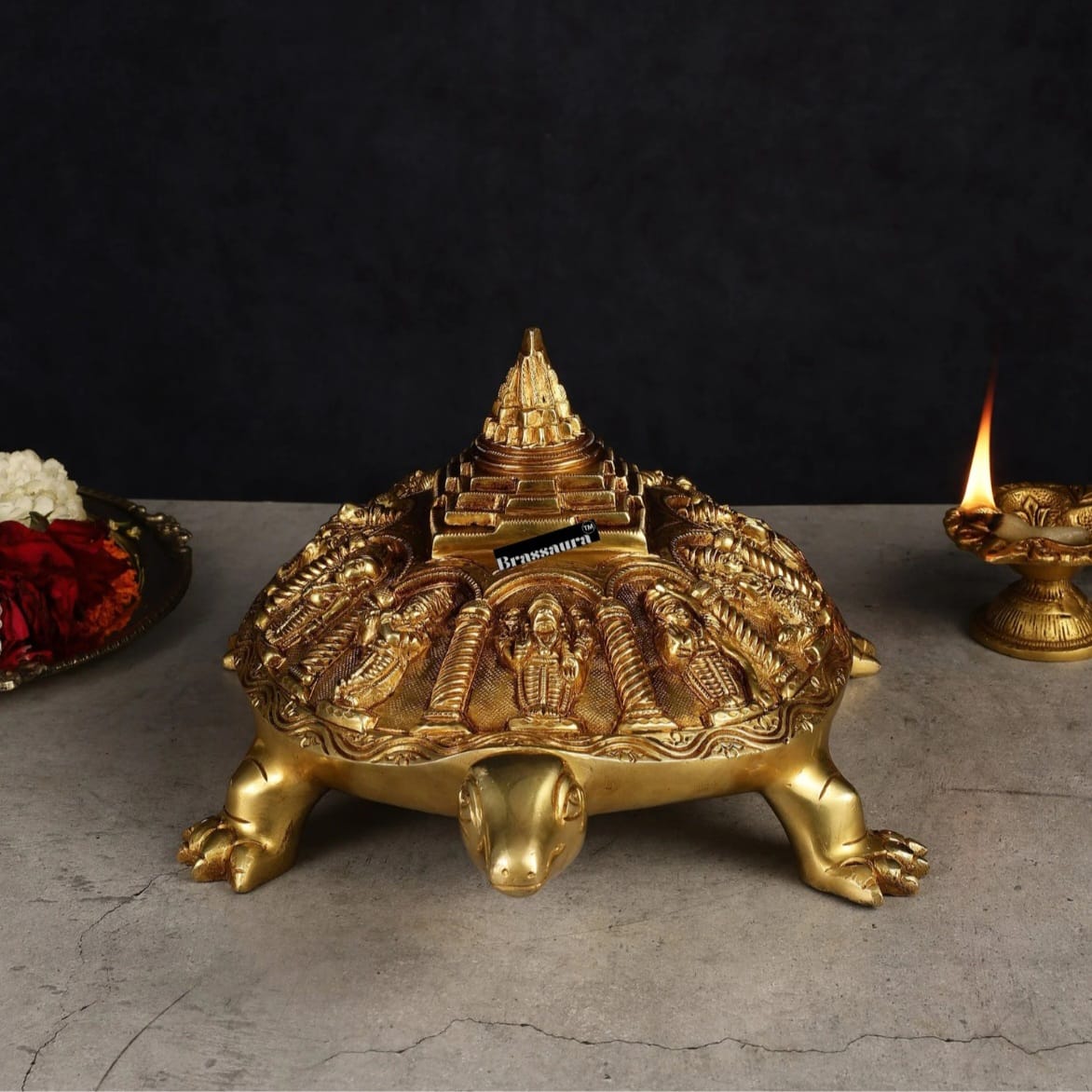 Brassaura™ Brass Dashavatara Vishnu Statue with Shree Yantra & Vastu Tortoise – Height 6" & Weight 6.5 Kgs | Gold Finish