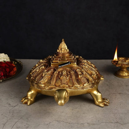 Brassaura™ Brass Dashavatara Vishnu Statue with Shree Yantra & Vastu Tortoise – Height 6" & Weight 6.5 Kgs | Gold Finish
