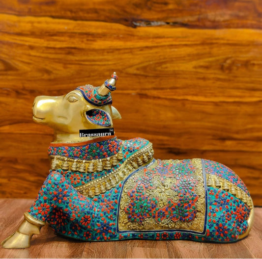 Brassaura® Handcrafted Brass Wirework Nandi Bull with Natural Stones – Height 21 Inches & Weight 30 Kgs | Majestic Temple Sculpture