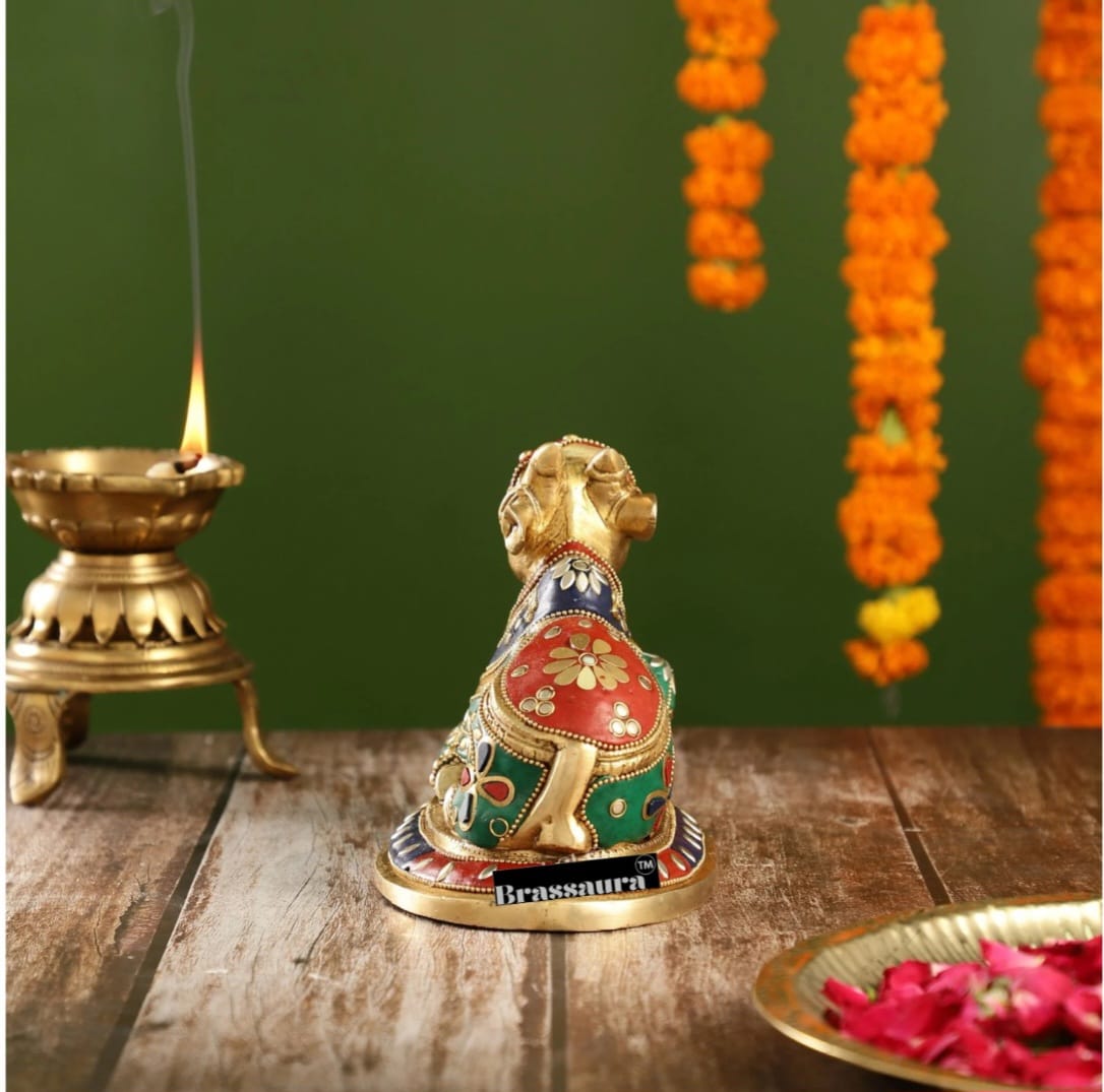 Brassaura™ Brass Nandi Statue with Natural Stones – Height 6 Inches | Traditional Temple Idol