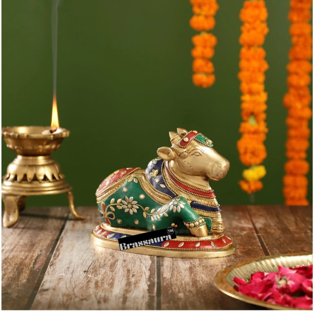 Brassaura™ Brass Nandi Statue with Natural Stones – Height 6 Inches | Traditional Temple Idol