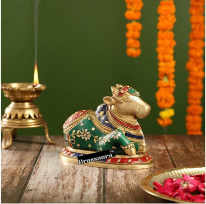 Brassaura™ Brass Nandi Statue with Natural Stones – Height 6 Inches | Traditional Temple Idol