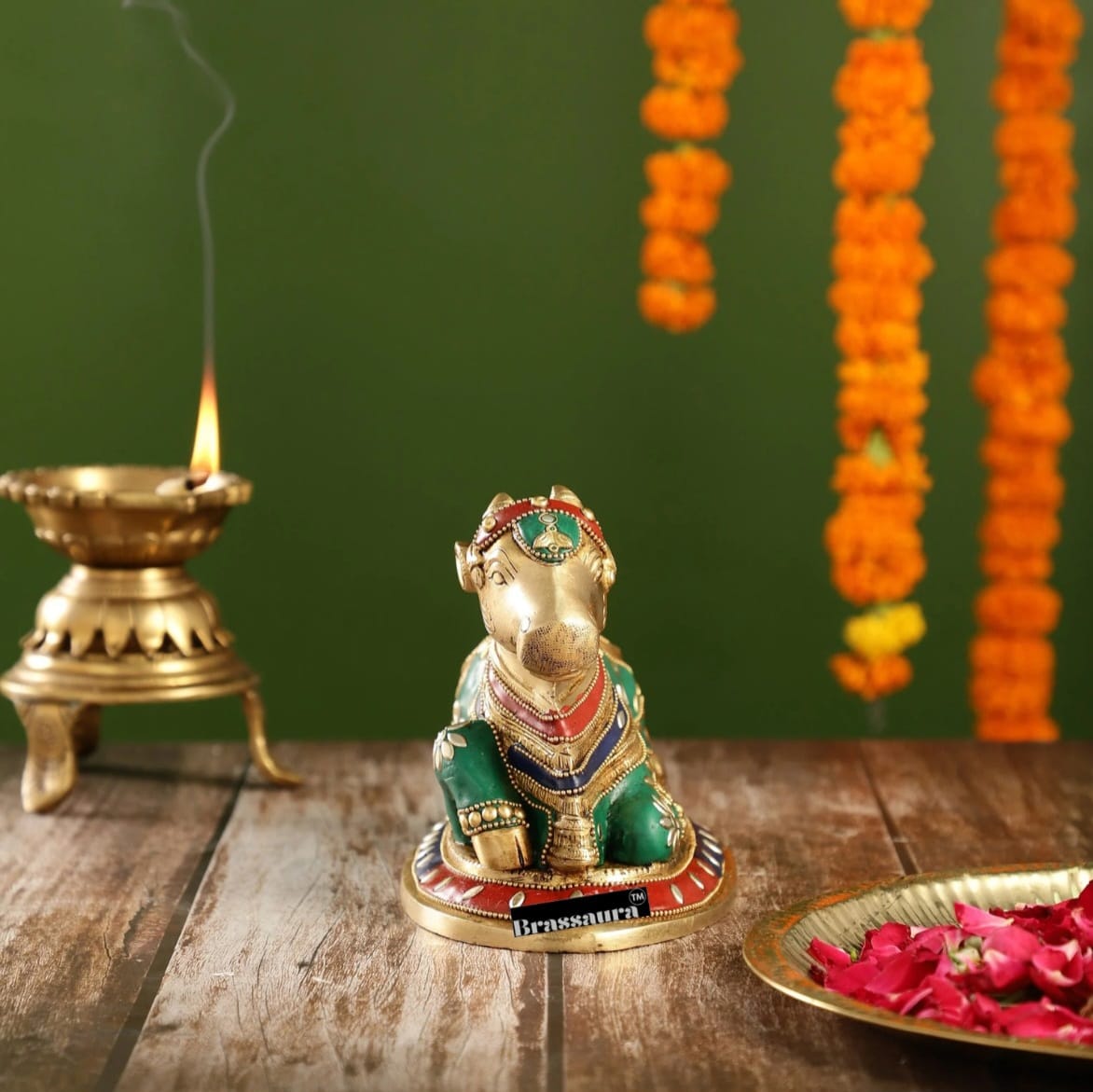 Brassaura™ Brass Nandi Statue with Natural Stones – Height 6 Inches | Traditional Temple Idol