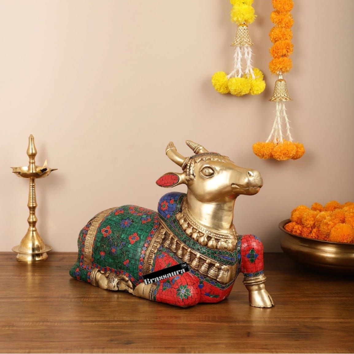 Brassaura™ Brass Nandi Idol with Stonework – Height 13.5 Inches & Weight 20 Kgs | Traditional Temple Decor