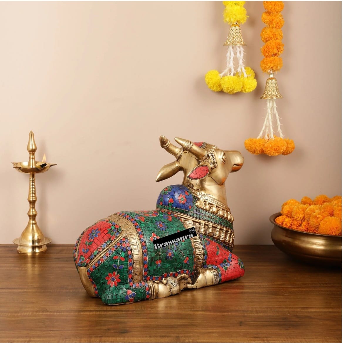 Brassaura™ Brass Nandi Idol with Stonework – Height 13.5 Inches & Weight 20 Kgs | Traditional Temple Decor