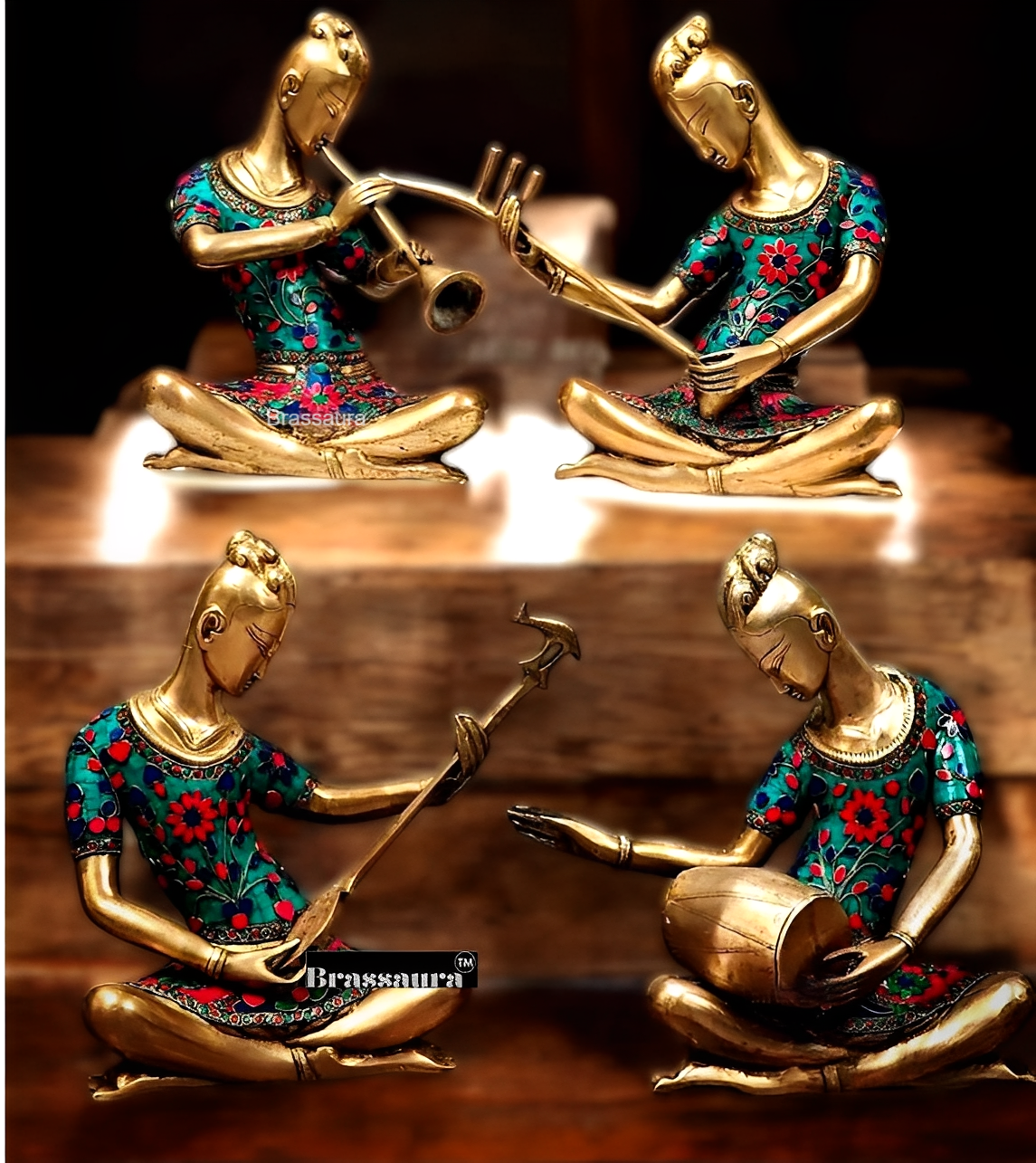 Brassaura™ Brass Tribal Musician Set of 4 – Height 13 Inches & Total Weight 27 Kgs | Ethnic Home Décor