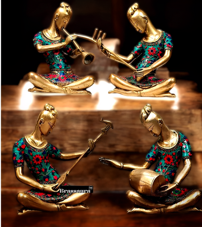 Brassaura™ Brass Tribal Musician Set of 4 – Height 13 Inches & Total Weight 27 Kgs | Ethnic Home Décor