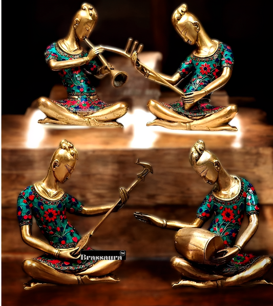 Brassaura™ Brass Tribal Musician Set of 4 – Height 13 Inches & Total Weight 27 Kgs | Ethnic Home Décor