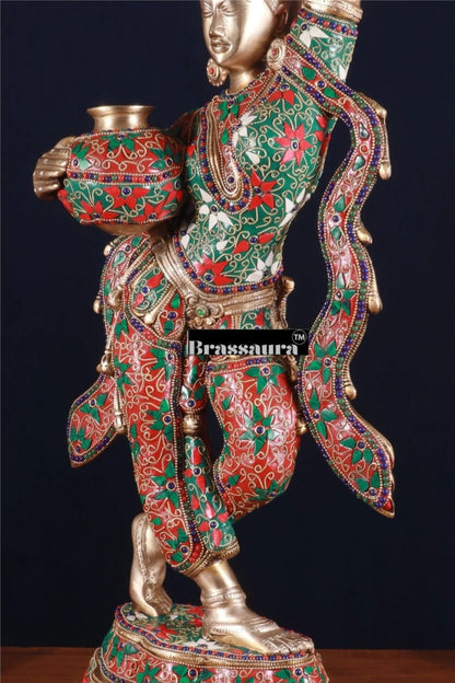 Brassaura™ Pure Brass Krishna’s Gopi with Butter Pots Statue – Height 27.2 Inches & Weight 15 Kgs | Meenakari Work Home & Temple Décor