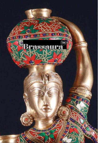 Brassaura™ Pure Brass Krishna’s Gopi with Butter Pots Statue – Height 27.2 Inches & Weight 15 Kgs | Meenakari Work Home & Temple Décor