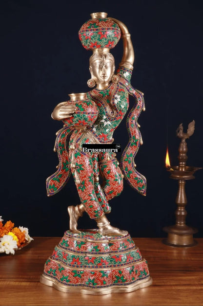 Brassaura™ Pure Brass Krishna’s Gopi with Butter Pots Statue – Height 27.2 Inches & Weight 15 Kgs | Meenakari Work Home & Temple Décor