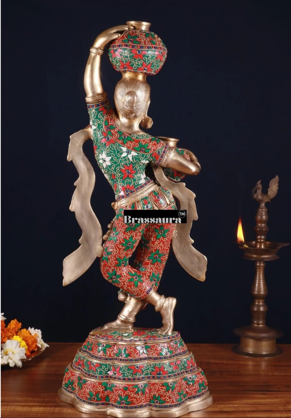 Brassaura™ Pure Brass Krishna’s Gopi with Butter Pots Statue – Height 27.2 Inches & Weight 15 Kgs | Meenakari Work Home & Temple Décor