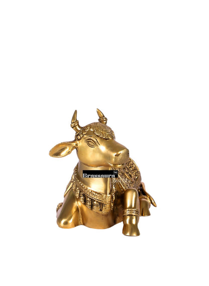 Brassaura™ Handcrafted Brass Nandi Statue with Sacred Symbols – Height 7.5 Inches & Weight 7 Kgs | Traditional Temple Idol