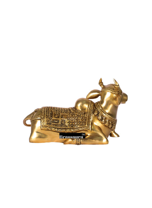 Brassaura™ Handcrafted Brass Nandi Statue with Sacred Symbols – Height 7.5 Inches & Weight 7 Kgs | Traditional Temple Idol