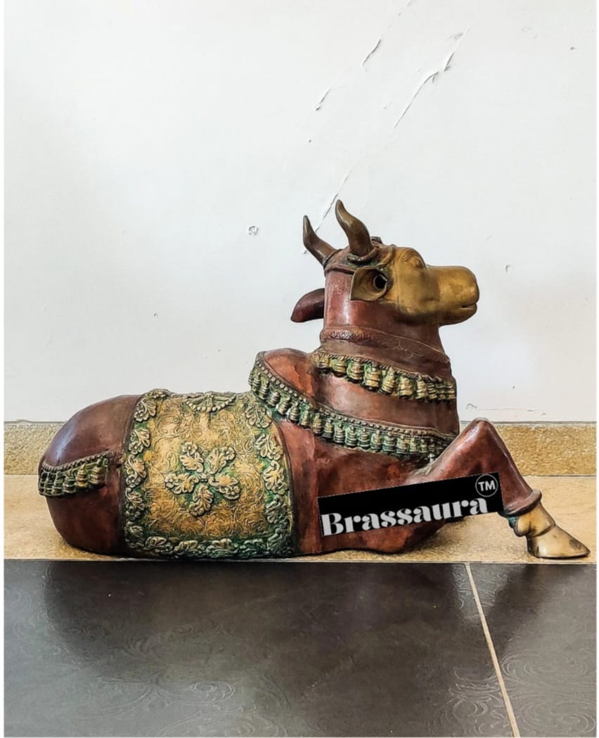 Brassaura™ Antique Brass Large Nandi Sculpture – Height 21.5 Inches & Weight 30 Kgs | Traditional Temple Idol